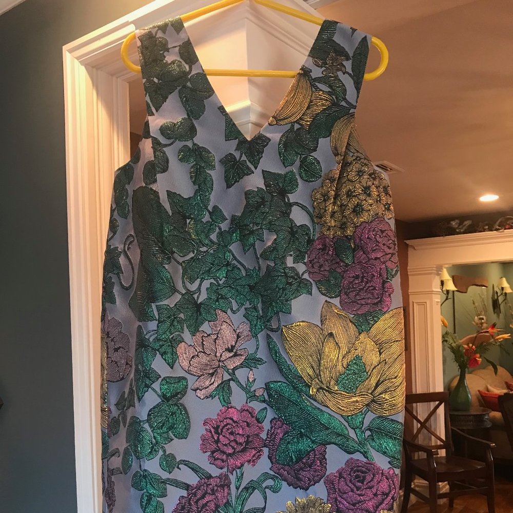 J.Crew Silver Jacquard Dress With Gold,Green, & Pink Floral Pattern